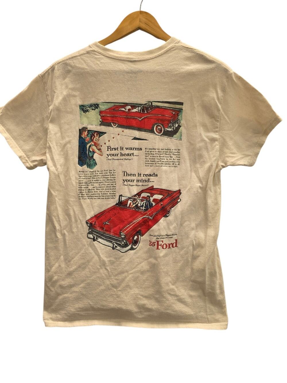 1955 Ford Thunderbird Ad Graphic T-Shirt Cream Beige Men's Size Medium